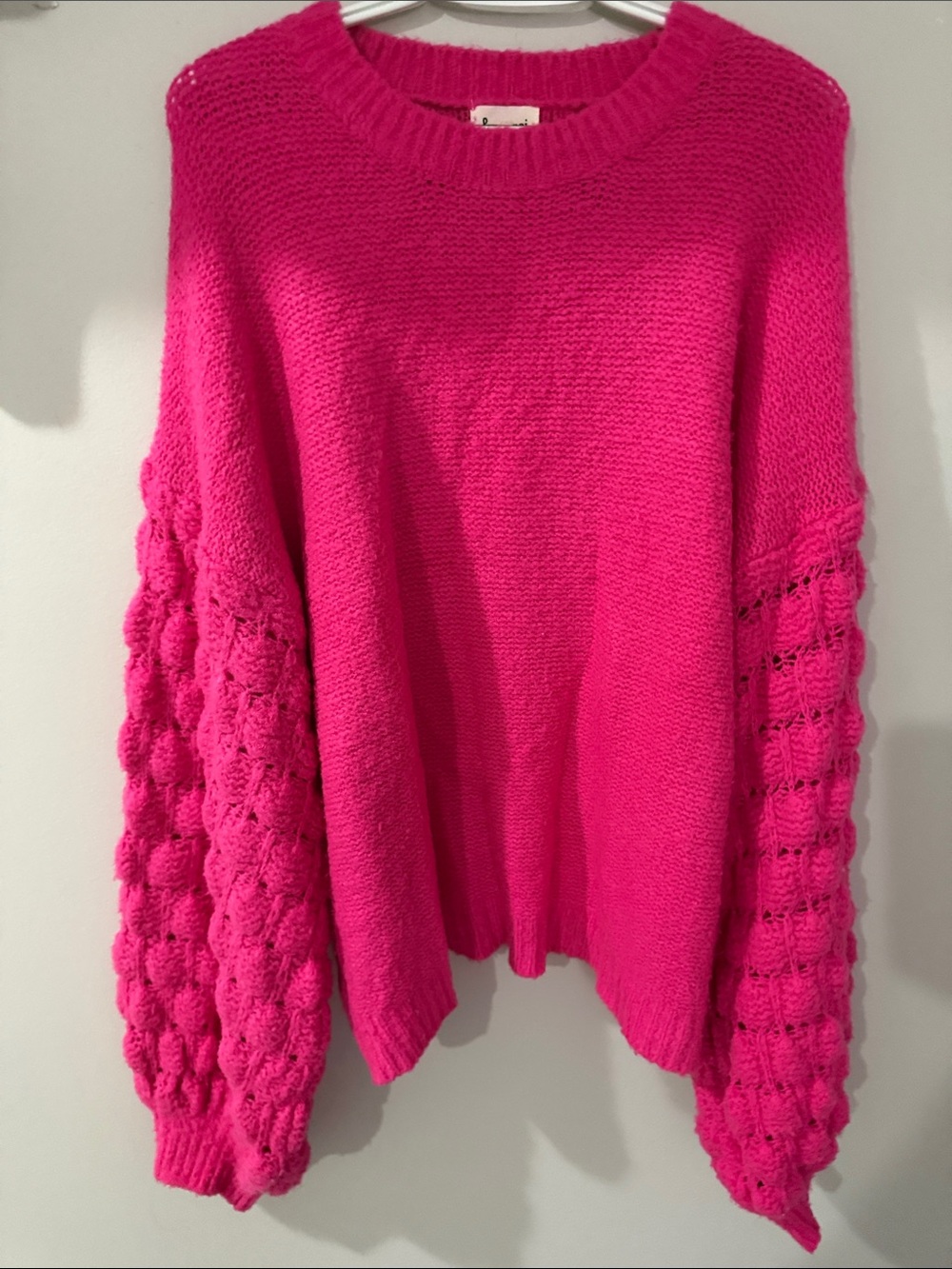 Women's Bright Pink Bubble-Sleeve Crewneck Sweater